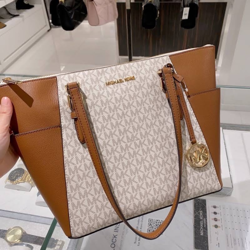 Womens Michael Kors Charlotte Large Leather Top Zip Tote bag Handbag Brown